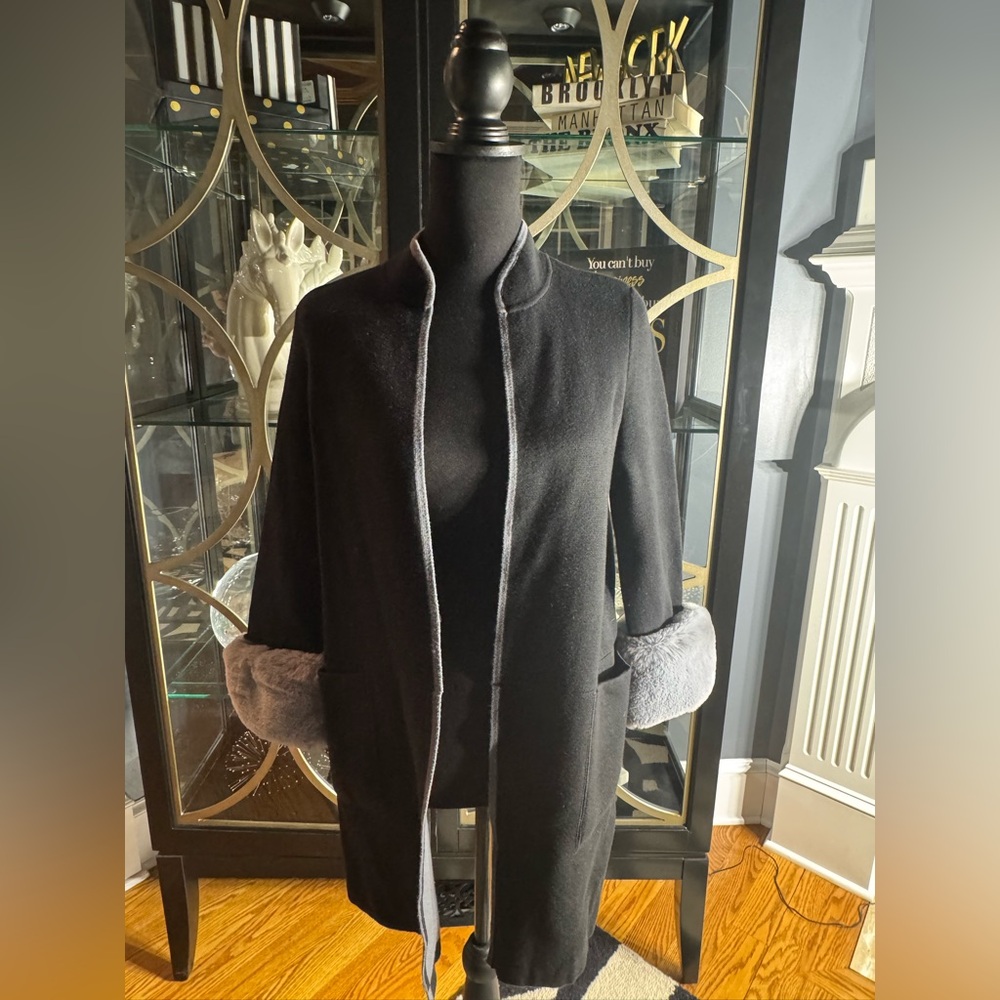 Alfani Black Long Open Sweater with Removable Grey Faux Fur Cuffs Size M